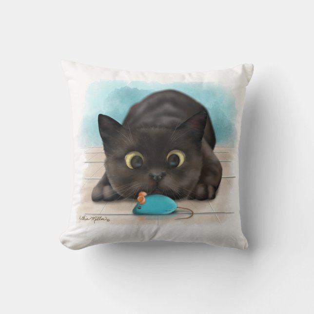 Black Cat with Toy Mouse Cartoon Cushion (Front)