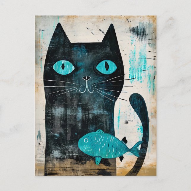 Black Cat with Turquoise Eyes and Fish Postcard (Front)