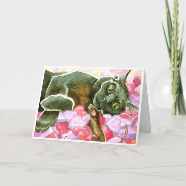 Black Cat with Valentine Hearts Holiday Card (Front)