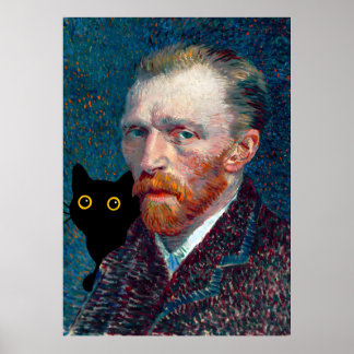 Black Cat with Van Gogh Portrait Poster