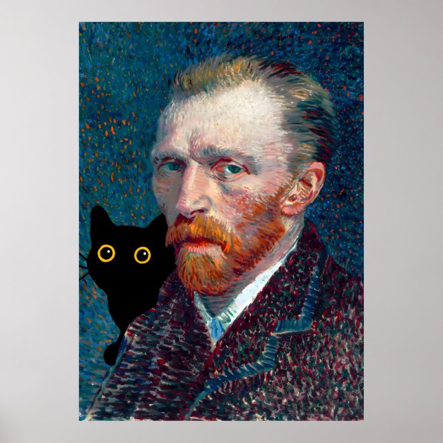 Black Cat with Van Gogh Portrait Poster (Front)