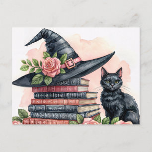 Black Cat With Witch Hat and Books Postcard