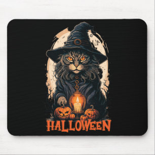 Black Cat With Witch Hat Candle And Scary Pumpkin Mouse Pad