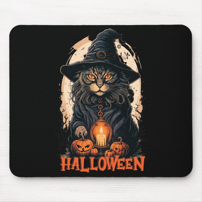 Black Cat With Witch Hat Candle And Scary Pumpkin Mouse Pad (Front)