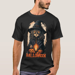 Black Cat With Witch Hat Candle And Scary Pumpkin T-Shirt