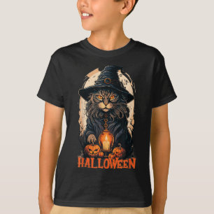 Black Cat With Witch Hat Candle And Scary Pumpkin T-Shirt