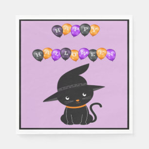 Black Cat With Witch Hat Happy Halloween Balloons Napkin
