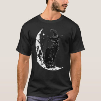 Black Cat With Witch Hat & Moon Halloween Costume  T-Shirt