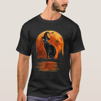 Black Cat With Witch Hat & Moon Halloween Costume T-Shirt