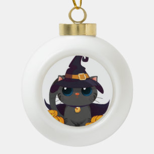 Black Cat With With Jack O Lantern Halloween Shirt Ceramic Ball Christmas Ornament