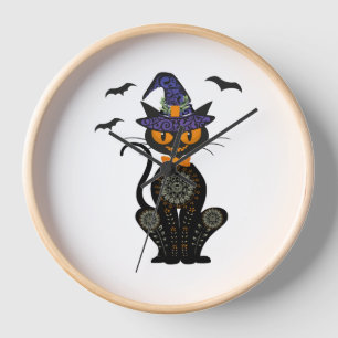 Black Cat With With Jack O Lantern Halloween Shirt Clock