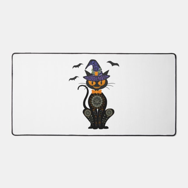 Black Cat With With Jack O Lantern Halloween Shirt Desk Mat (Front)