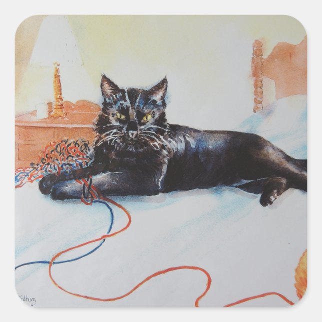 Black Cat with Yarn Square Sticker (Front)