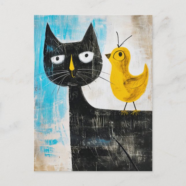 Black Cat with Yellow Bird on Back Postcard (Front)