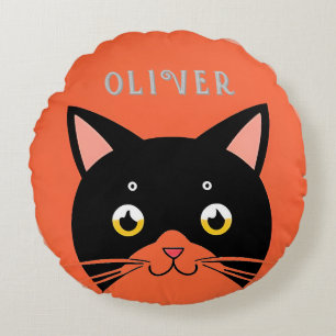 Black Cat with Yellow Eyes and Whiskers Round Cushion