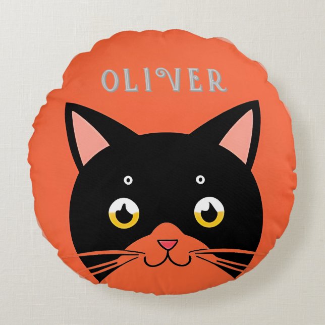 Black Cat with Yellow Eyes and Whiskers Round Cushion (Front)