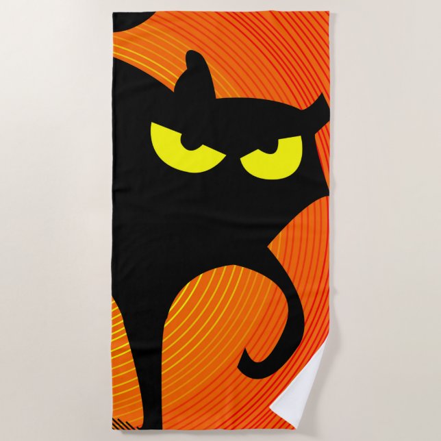 Black Cat with Yellow Eyes Beach Towel (Front)