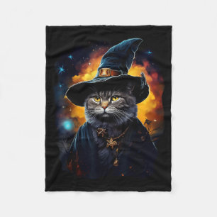 Black Cat Wizard Halloween Witch Mystical Black Fleece Blanket