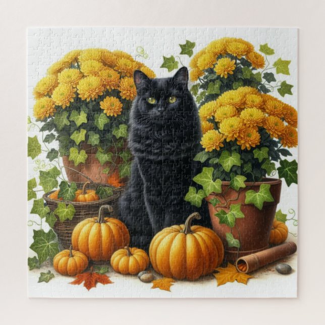 Black Cat Yellow Chrysanthemums Fall Season Puzzle (Vertical)