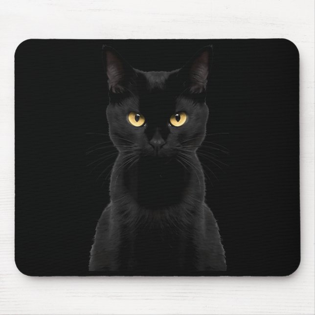 Black Cat Yellow Eyes Angry Cat Funny Staring Cat Mouse Pad (Front)