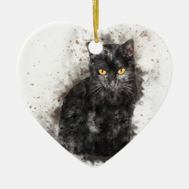 Black Cat Yellow Eyes Ceramic Tree Decoration (Front)