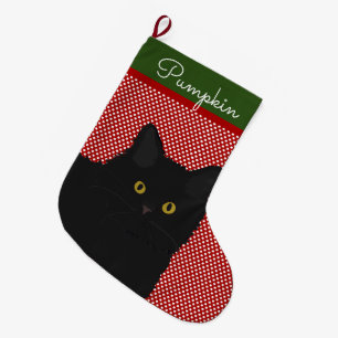 Black Cat Yellow Eyes Personalised Large Christmas Stocking