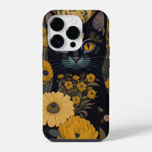 Black Cat Yellow Eyes Vintage Flowers iPhone 14 Pro Case