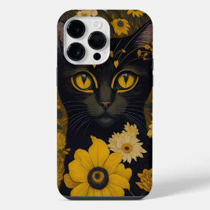 Black Cat Yellow Eyes Vintage Flowers iPhone 14 Pro Max Case