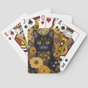 Black Cat Yellow Eyes Vintage Flowers Playing Cards