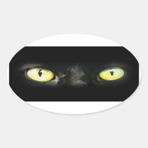 Black Cat, Yellow Green Eyes, Sleek and Spooky Oval Sticker