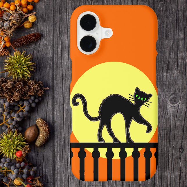 Black Cat Yellow Moon Fence (Black cat arched back on top of black fence big yellow moon on orange phone case.)