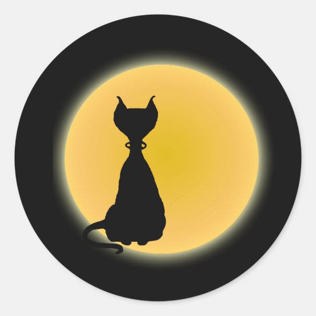Black Cat & Yellow Moon Halloween Art Classic Round Sticker (Front)