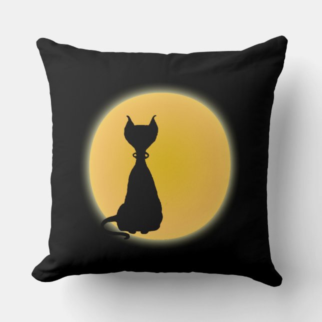 Black Cat & Yellow Moon Halloween Art Cushion (Front)
