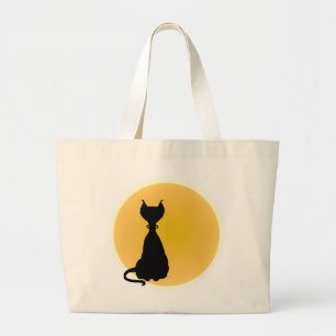 Black Cat & Yellow Moon Halloween Art Large Tote Bag