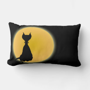 Black Cat & Yellow Moon Halloween Art Lumbar Cushion