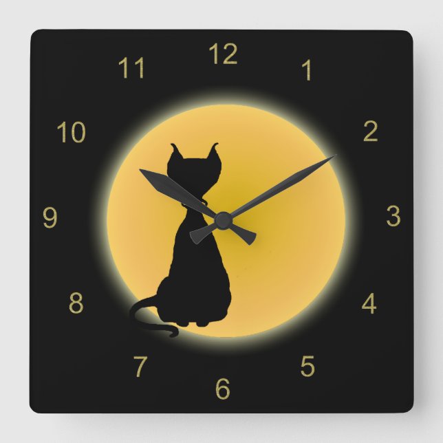 Black Cat & Yellow Moon Halloween Art Square Wall Clock (Front)