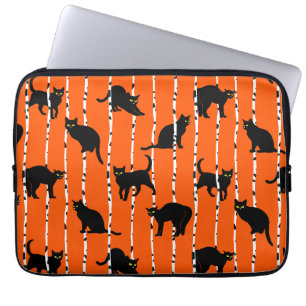 Black Cats and Birch Branches on Vibrant Orange Laptop Sleeve