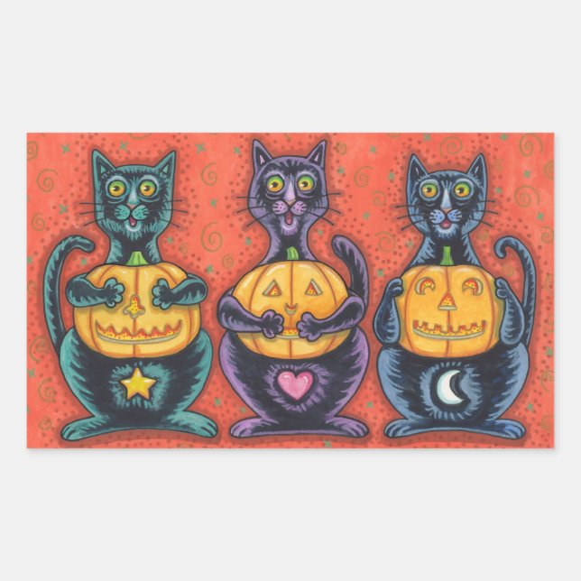 BLACK CATS AND JACKS SEE NO EVIL, FUNNY FELINES RECTANGULAR STICKER (Front)