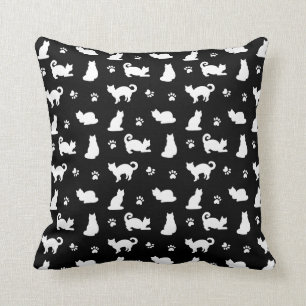 Black Cats and Paw Prints White Cushion
