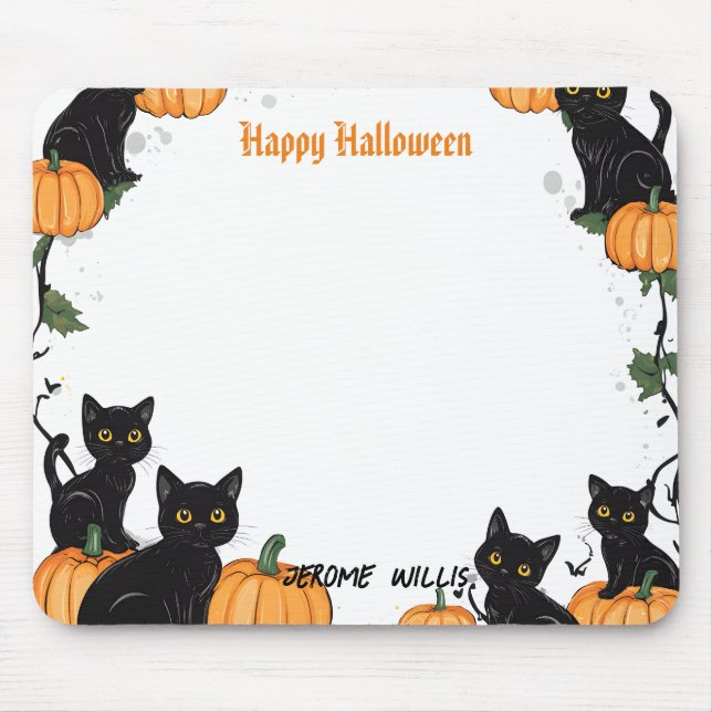 Black cats and Pumpkin Happy Halloween Mouse Pad (Front)