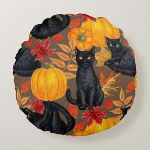 Black cats and pumpkins 2 round cushion