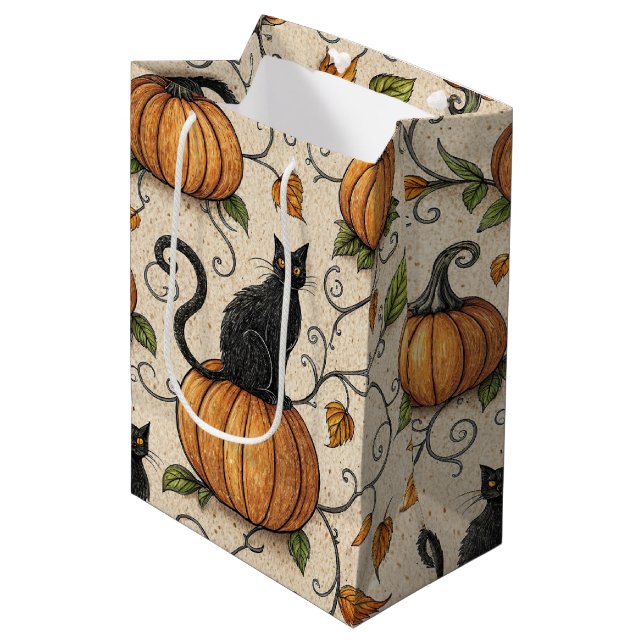 Black Cats and Pumpkins Halloween Pattern Medium Gift Bag (Front Angled)