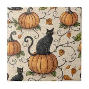 Black Cats and Pumpkins Halloween Pattern Tile