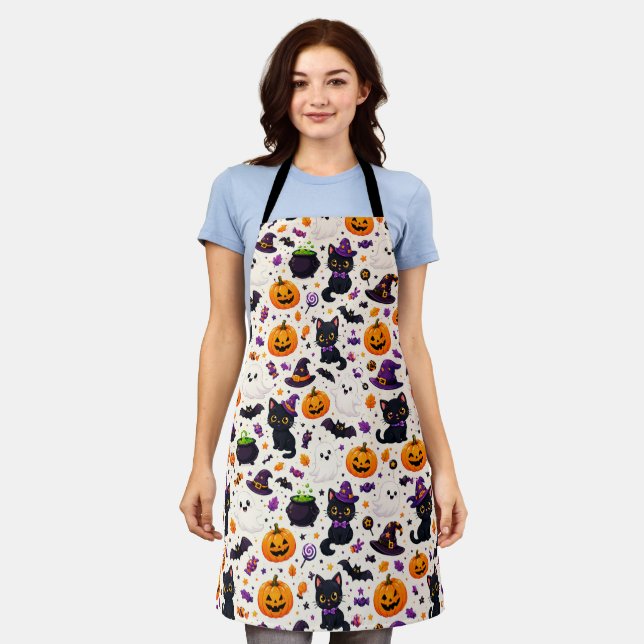 Black Cats And Pumpkins Halloween Pattern Uses 🎃 Apron (Worn)
