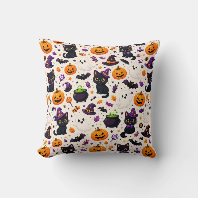 Black Cats And Pumpkins Halloween Pattern Uses 🎃 Cushion (Front)