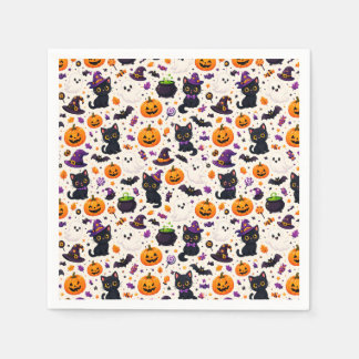 Black Cats And Pumpkins Halloween Pattern Uses 🎃 Napkin