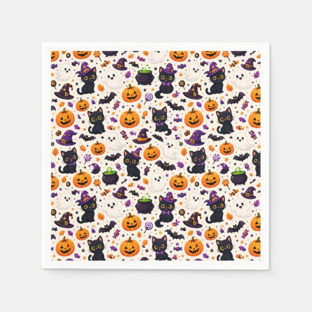 Black Cats And Pumpkins Halloween Pattern Uses 🎃 Napkin (Front)