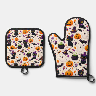 Black Cats And Pumpkins Halloween Pattern Uses 🎃 Oven Mitt & Pot Holder Set