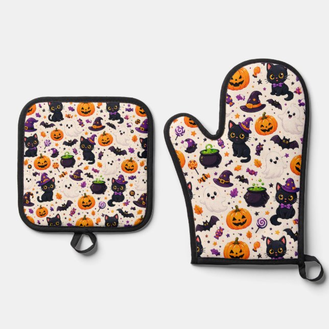 Black Cats And Pumpkins Halloween Pattern Uses 🎃 Oven Mitt & Pot Holder Set (Front)