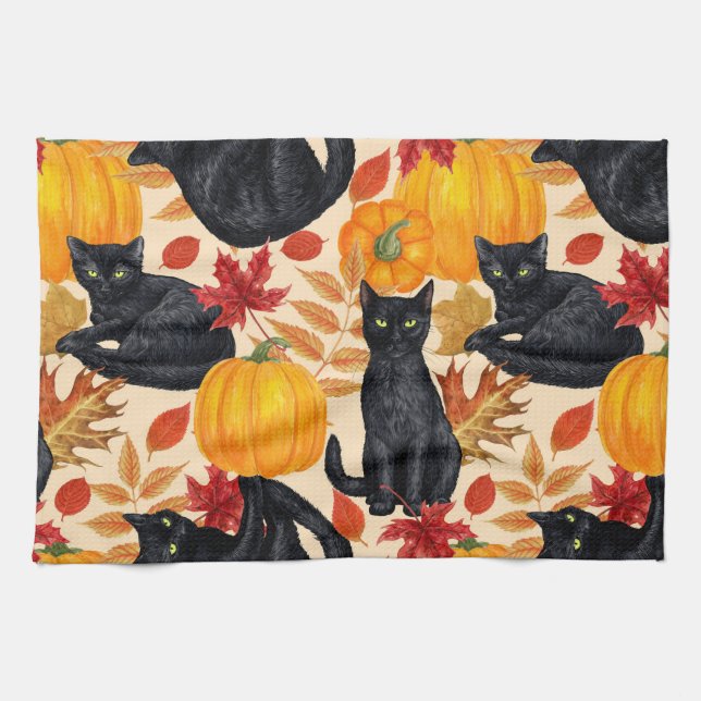 Black cats and pumpkins  tea towel (Horizontal)